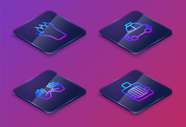 设置等距线爪印，医用橡胶手套，宠物车出租车和手提箱。蓝色方块按钮。向量图片下载