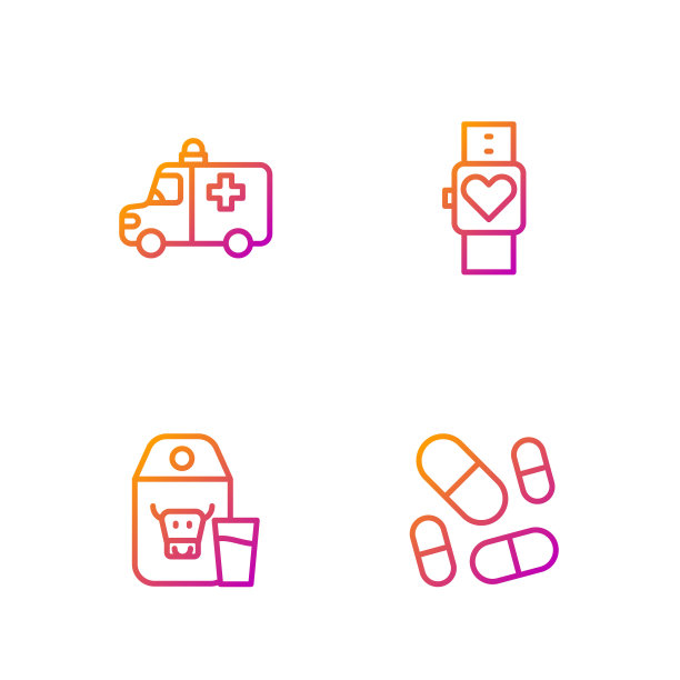 成套维生素片，牛奶纸包装，救护车和急救车，智能手表。渐变颜色图标。向量图片下载