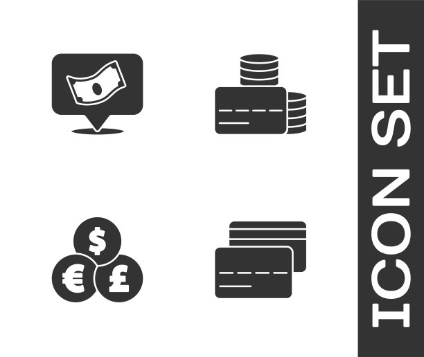 设置信用卡，堆栈纸币现金，货币兑换和图标。向量图片下载
