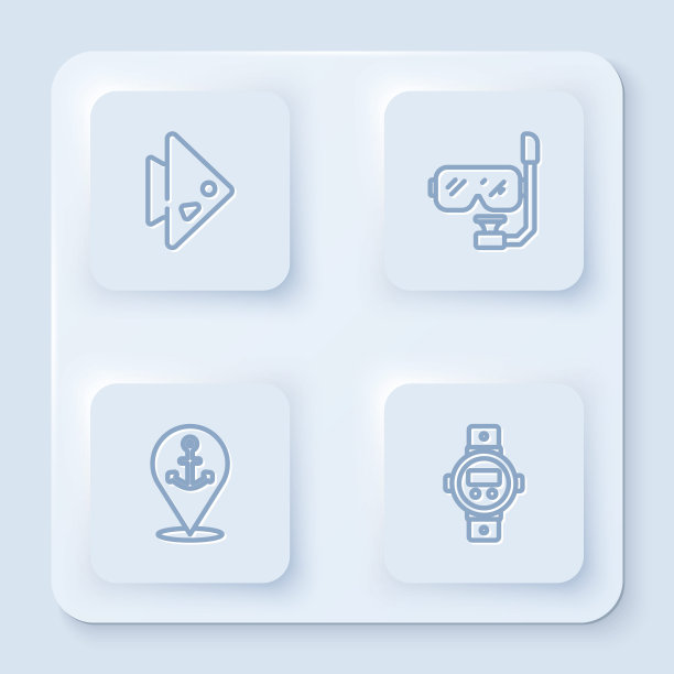 放好鱼线，潜水面罩和通气管，用锚和手表定位。白色正方形按钮。向量图片下载