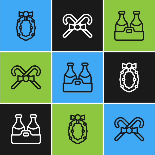 设置行圣诞花环，香槟瓶和糖果手杖图标。向量图片下载