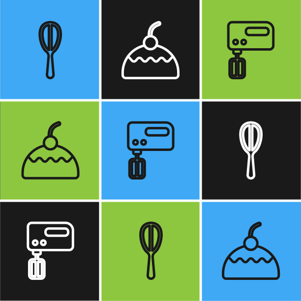 设有厨房打蛋器，电动搅拌机和蛋糕图标。向量图片下载
