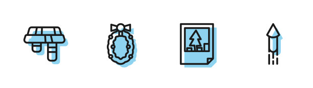 集线圣诞明信片，冬季围巾，花环和烟花火箭图标。向量图片下载