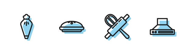 设置线厨房打蛋器和擀面杖，糕点袋，自制派和提取风扇图标。向量图片下载