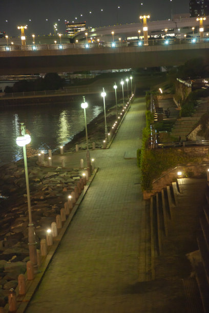 沿河散步的夜景鸟瞰图片下载