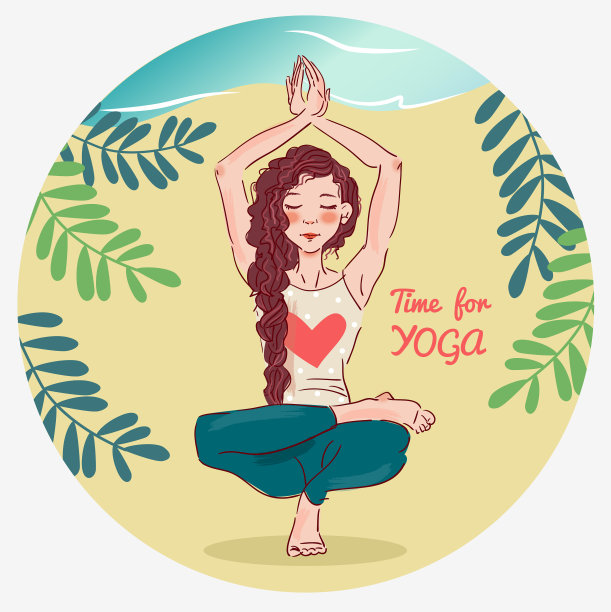 可爱的年轻女子在练瑜伽。夏天的风景背景素材图片