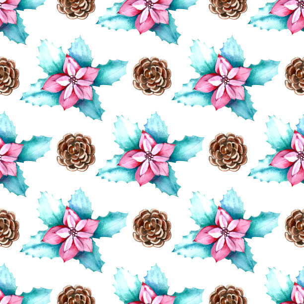 冬季水彩无缝图案有一品红花，冷杉球果。圣诞节手绘插图图片下载