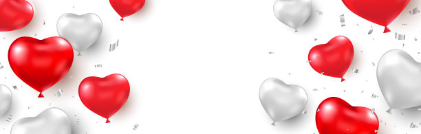 心形气球，银色彩纸长旗。情人节快乐。逼真的红色和银色气球心脏。庆祝活动的背景。奢华派对边界。矢量图图片下载