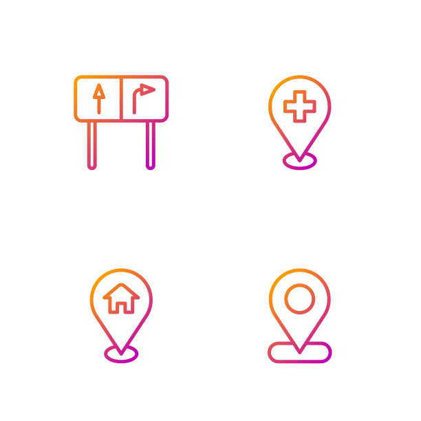 设线位置，与房屋、道路交通标志和医疗位置交叉。渐变颜色图标。向量图片下载