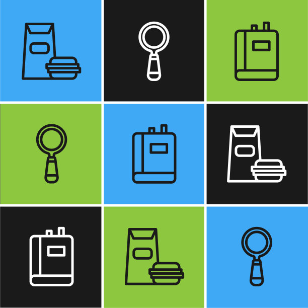 设定线汉堡，书和放大镜图标。向量图片下载