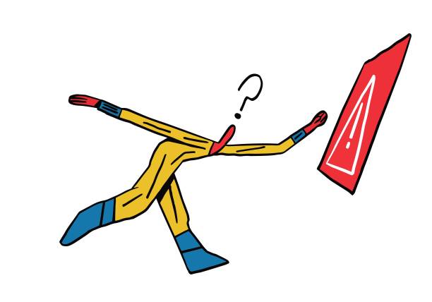 带有警告屏幕和问号的矢量字符。概念剪辑艺术的一些错误。粗体线隔离在白色上图片下载