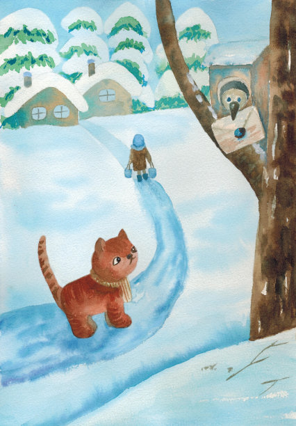 小猫和小鸟在树上的儿童插图。图片下载