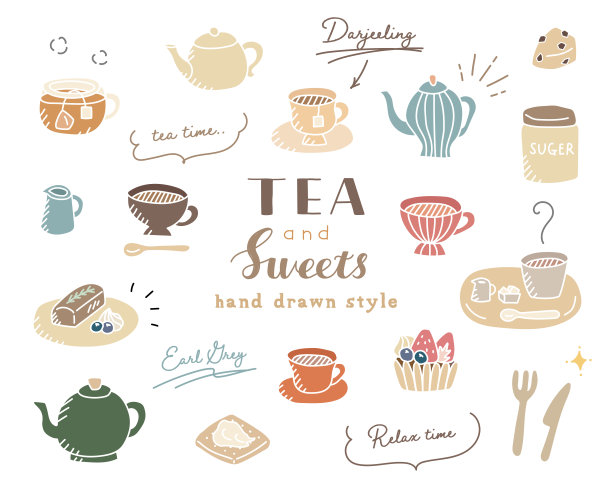 一套茶时涂鸦茶和糖果，如杯子，茶包，挞，茶壶等。图片下载