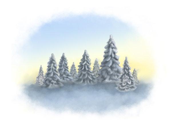 针叶林的水彩插图。冬天日落时的大自然。手绘背景图片下载