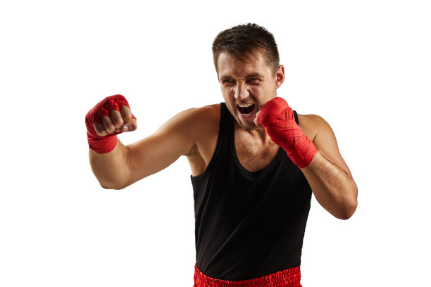 运动员在他的手在红色运动绷带战斗图片下载