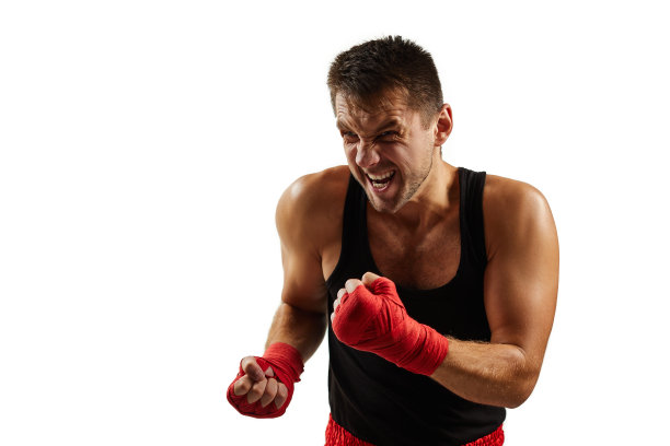 运动员在他的手在红色运动绷带战斗图片下载