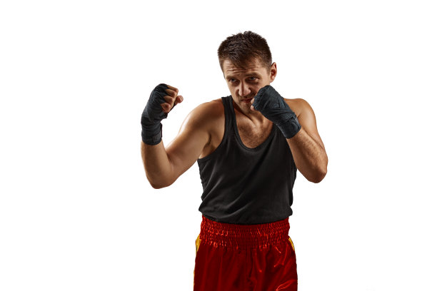 运动员在他的手在红色运动绷带战斗图片下载