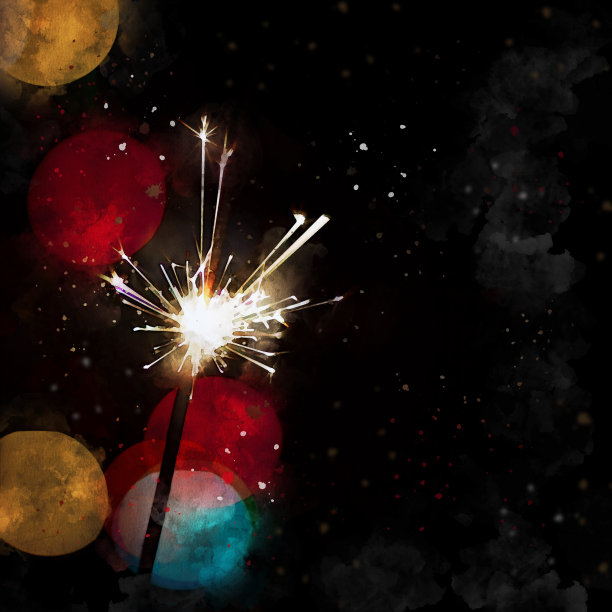 水彩效果的照片上的火花与多色点在黑色的背景图片下载