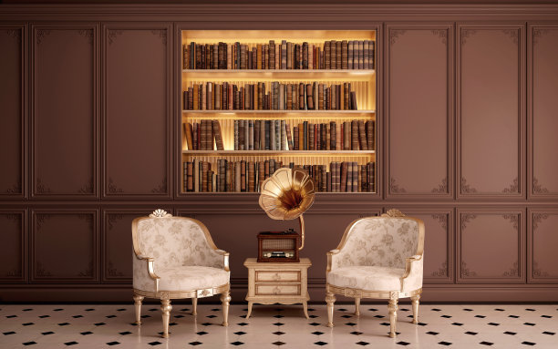 典型的内部。椅子,留声机和书架。三维渲染图片下载