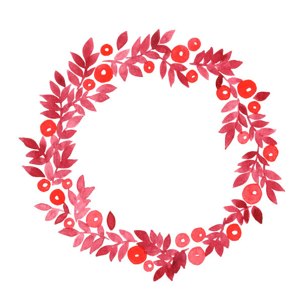 红叶和浆果花环水彩手绘装饰在秋季和圣诞节的节日活动。图片下载