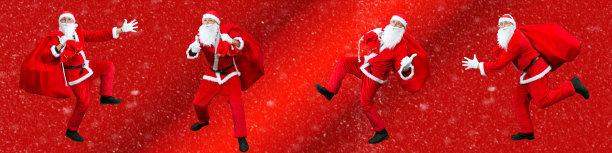 圣诞老人急着送圣诞礼物。用雪拼贴在红色梯度上。圣诞老人拿着一个装满礼物的大袋子。图片下载