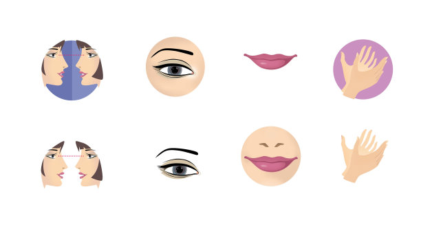 心理学和面部表情。面对面，微笑和手势。插图孤立在白色背景上。图片下载