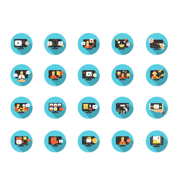 视频平面图标设置。彩色插图图片下载