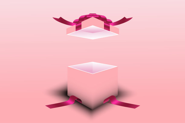 打开粉红色背景上有红色丝带的礼盒。图片下载