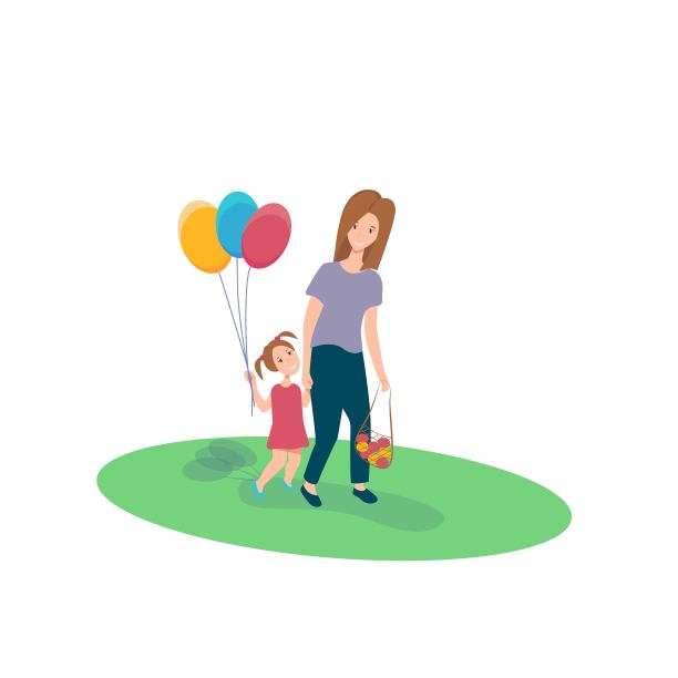 妈妈和女儿在散步。年轻女子牵着小女孩的手走着，小女孩手里拿着气球，快乐而幸福，插图在一个融合扁平孤立的白色背景上。图片下载