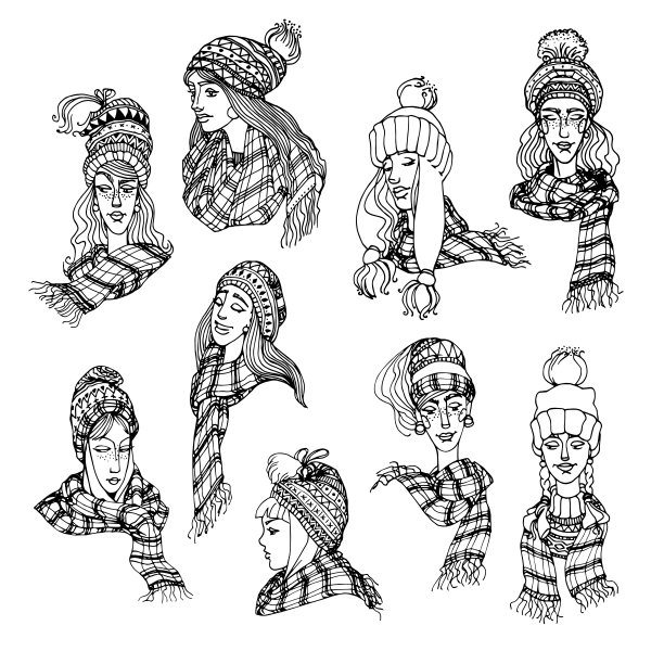 一组可爱的金发女孩戴着斯堪的纳维亚冬季针织帽和格子围巾，戴着黑色的钢笔图片下载