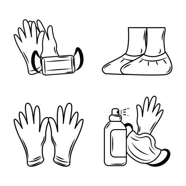 医用防护用品一次性包括手套、鞋、套、口罩等素描款式图片下载