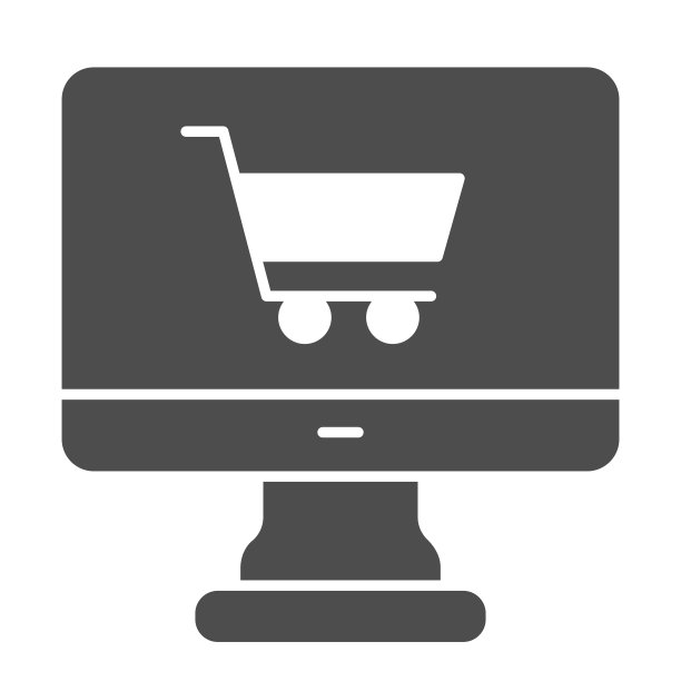 电脑显示器与购物车购物固体图标，购物概念，购物车购物与电脑标志在白色背景，应用程序为买家图标字形风格。矢量图形。图片下载