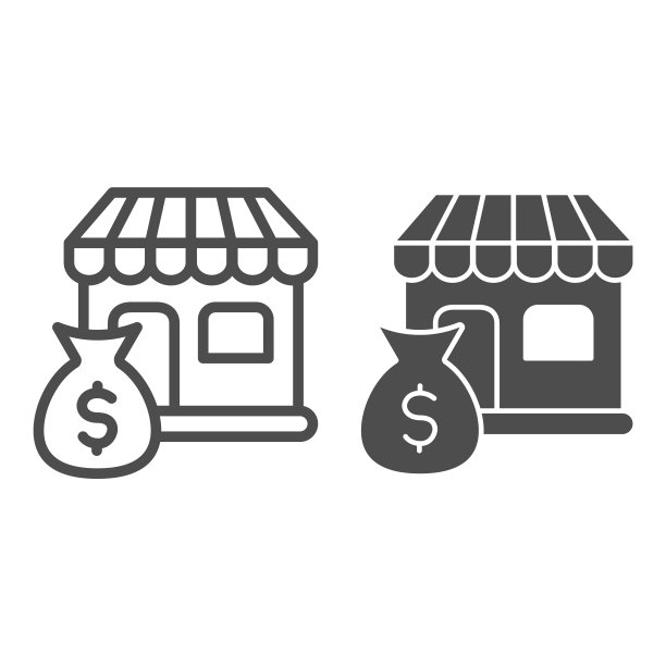 商店和钱袋线性及实体图标：购物概念矢量素材图片下载