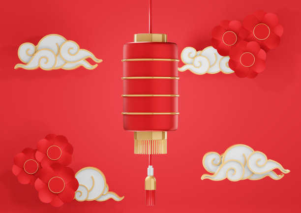 红色中国灯笼与纸花和云3d渲染图片下载