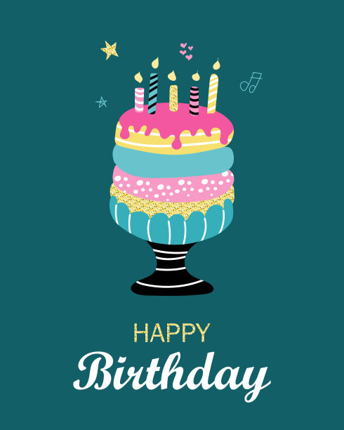 生日快乐。贺卡、海报、请帖。金色背景上有蜡烛的蛋糕。平面向量图像图片下载