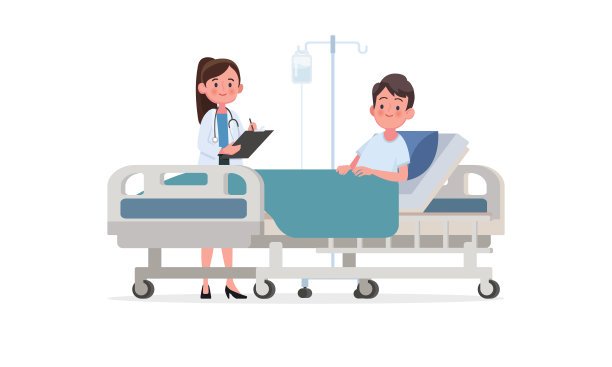 医生对病人病房的视察。一个病人正在病床上打点滴。矢量插图在一个平坦的风格图片下载