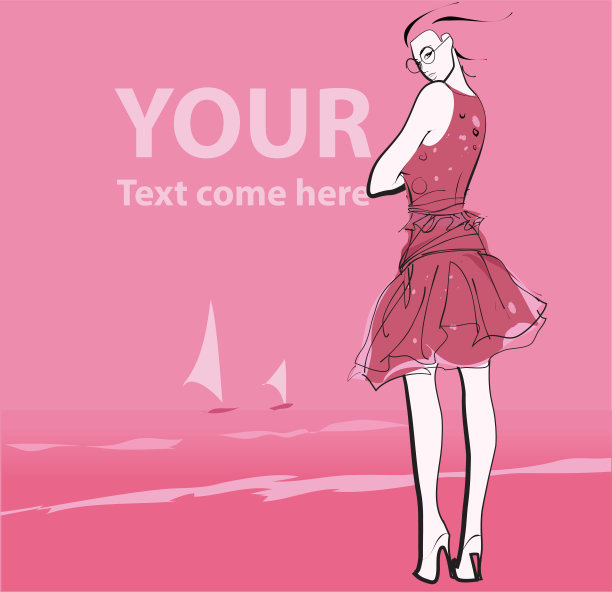 女游客与大海和帆船合影图片下载