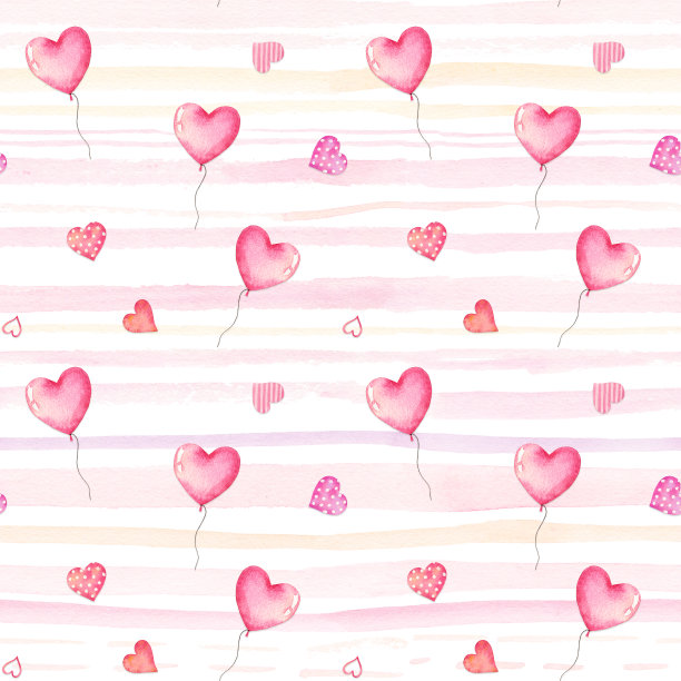 水彩无缝图案心形和气球情人节条纹背景。图片下载