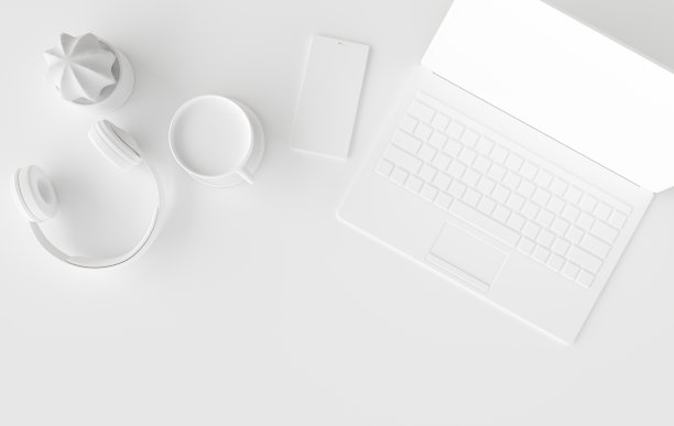 笔记本电脑，手机，耳机，咖啡杯3d渲染。远程工作，自由职业，工作空间，禁闭，呆在家里的概念。俯视图，白色图片下载