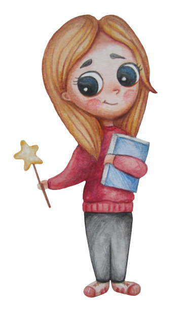 一个可爱的金发女孩，长头发，面带微笑，手里拿着一本书和一根魔杖。站在白色的背景上。水彩。集人物、职业概念图片下载