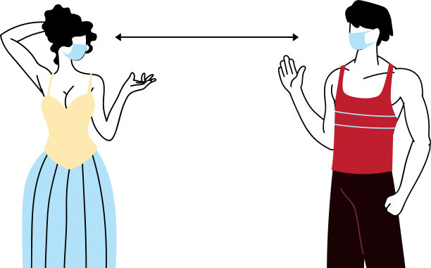 戴着面具和保持距离的年轻夫妇图片下载