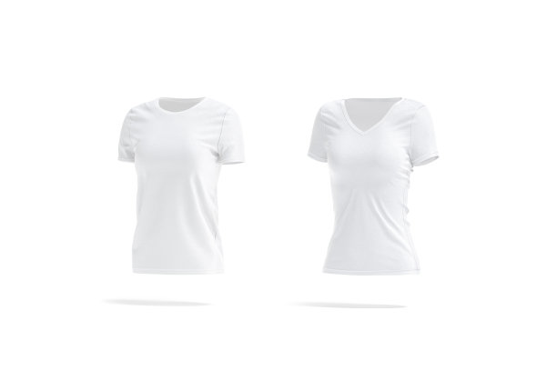 空白白人女性苗条和经典的t恤模型，侧面视图图片下载