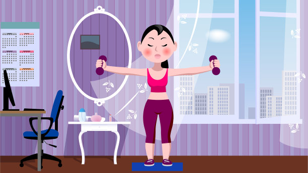 卡通女孩在家健身图片下载