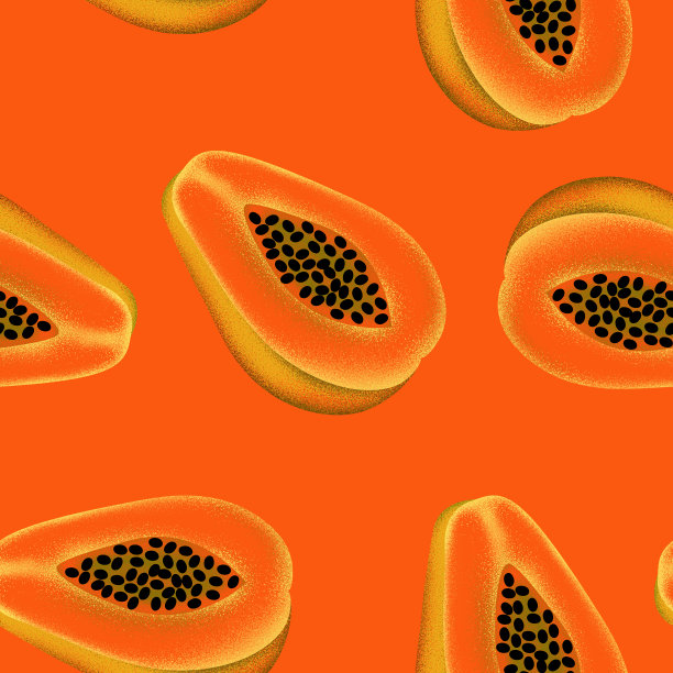 画木瓜水果插图，重复自己无缝创建一个统一的重复图案与橙色背景图片下载