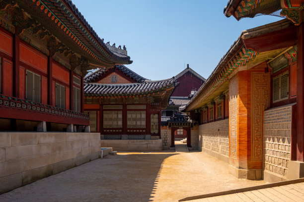 京福宫的韩式建筑和砖墙图片下载