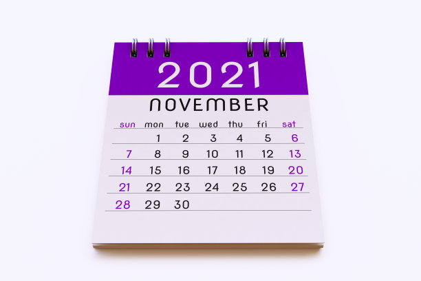 11月2021年日历记事本页紫色，孤立在白色背景图片下载
