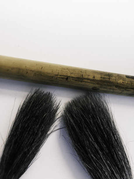 两个亚洲书法笔头和竹笔柄在白纸背景，特写微距照片图片下载