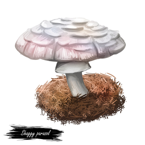 毛绒绒的阳伞，叶绿或叶绿蘑菇特写数码艺术插图。有厚厚的棕色鳞片的木耳。蕈生季节，生长在树林和森林中的采集植物图片下载