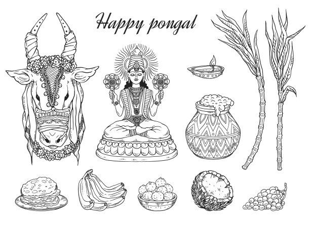 一套矢量草图的国家南印度快乐的pongal假日。图片下载