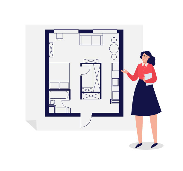 室内设计师指着平面图设计-卡通女人图片下载
